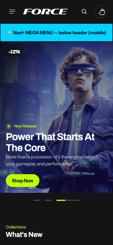Menu inserted below header — Navi+ on the Force Shopify theme