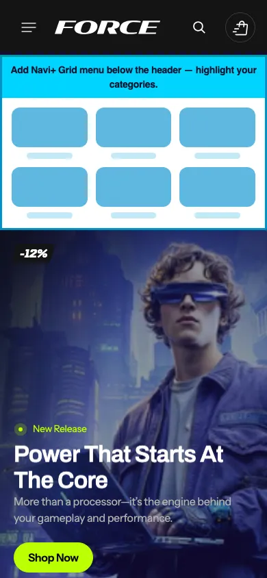 Navi+ Grid Menu on the Force Shopify theme Navi+ Grid Menu on the Force Shopify theme