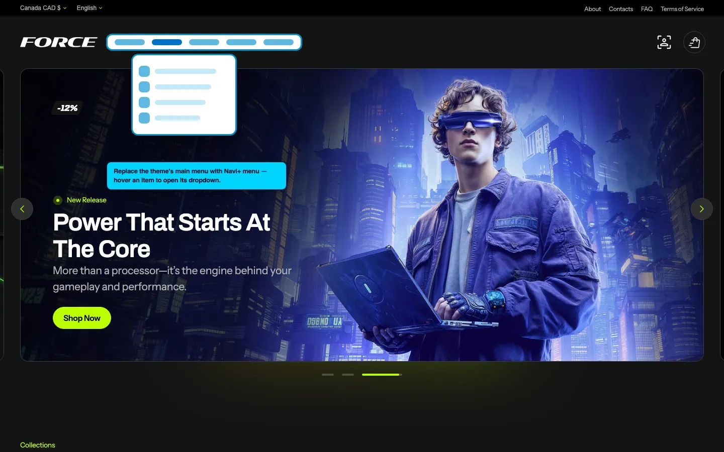 Navi+ Mega Menu replacing the desktop menu on the Force Shopify theme