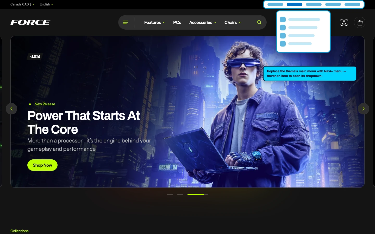 Navi+ Mega Menu replacing the desktop menu on the Force Shopify theme Navi+ Mega Menu replacing the desktop menu on the Force Shopify theme