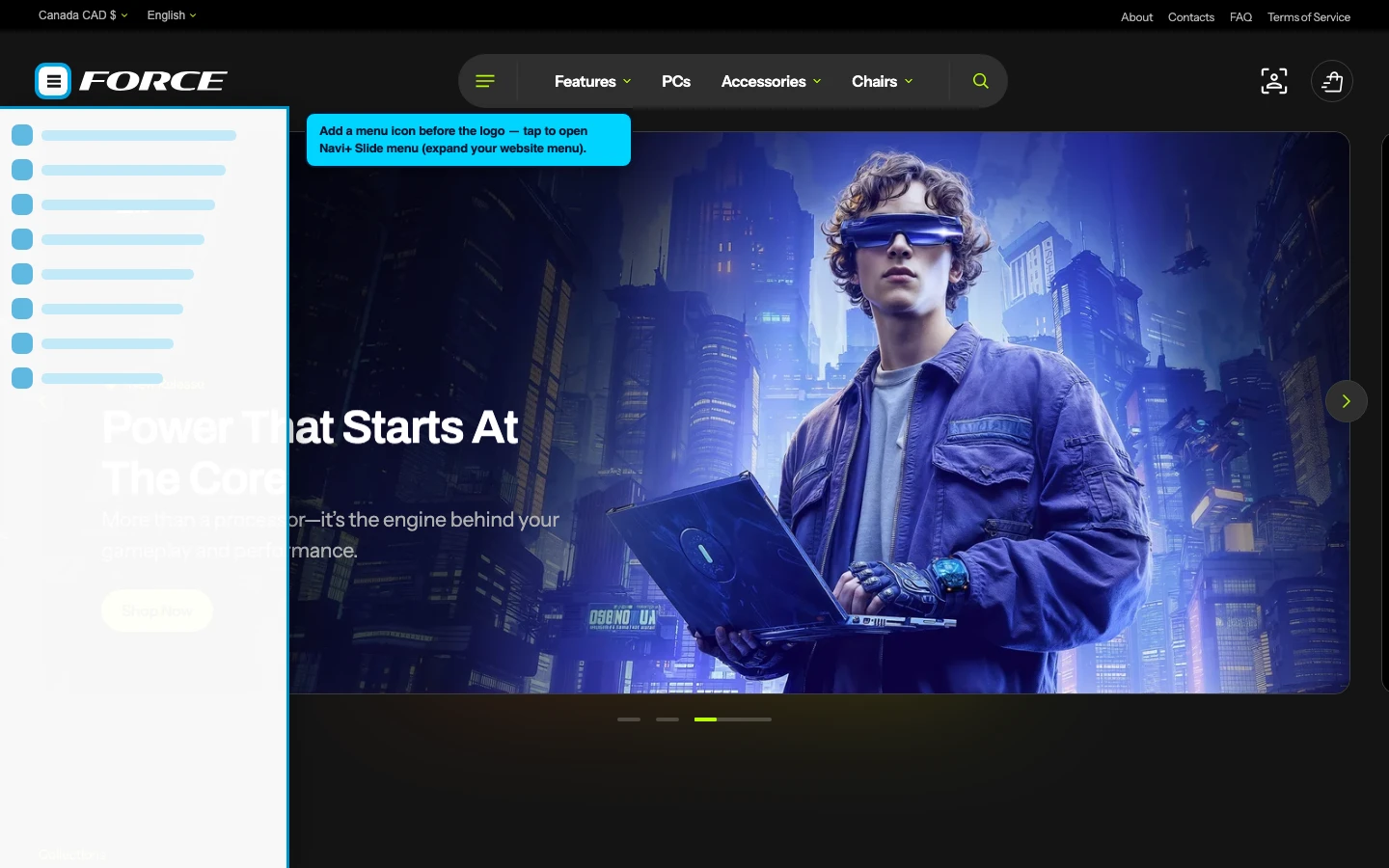 Navi+ trigger icon before the logo on the Force Shopify theme Navi+ trigger icon before the logo on the Force Shopify theme