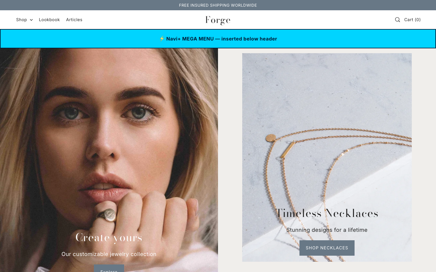 Menu inserted below header — Navi+ on the Forge Shopify theme Menu inserted below header — Navi+ on the Forge Shopify theme