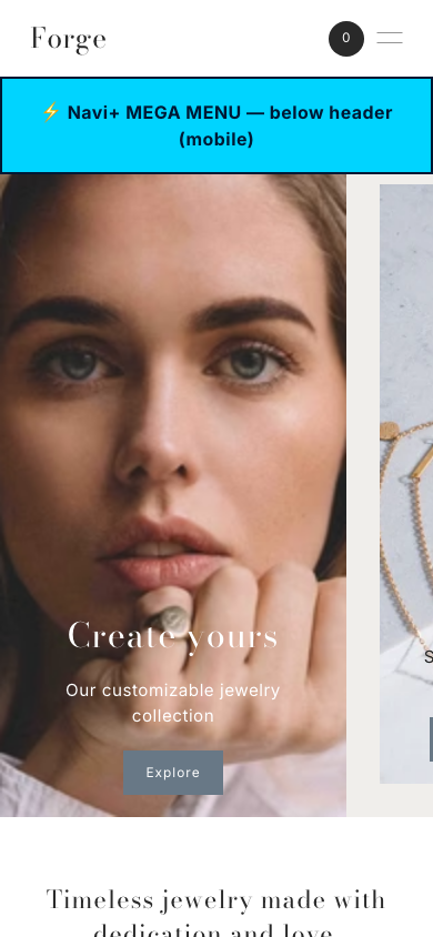 Menu inserted below header — Navi+ on the Forge Shopify theme Menu inserted below header — Navi+ on the Forge Shopify theme