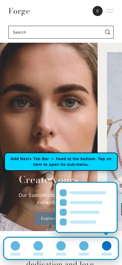 Navi+ Tab Bar on the Forge Shopify theme Navi+ Tab Bar on the Forge Shopify theme