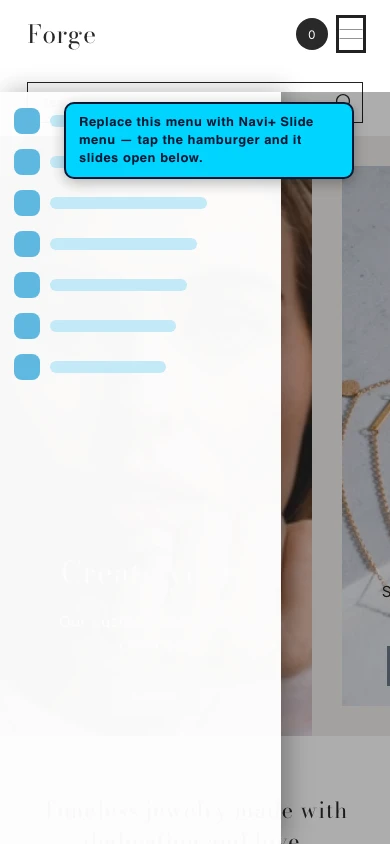 Navi+ Slide Menu on the Forge Shopify theme Navi+ Slide Menu on the Forge Shopify theme