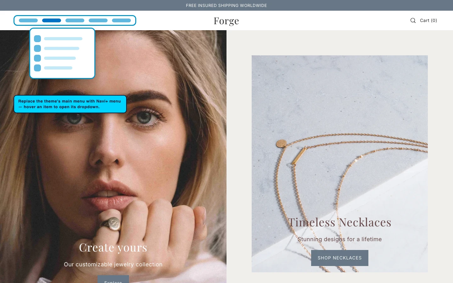 Navi+ Mega Menu replacing the desktop menu on the Forge Shopify theme