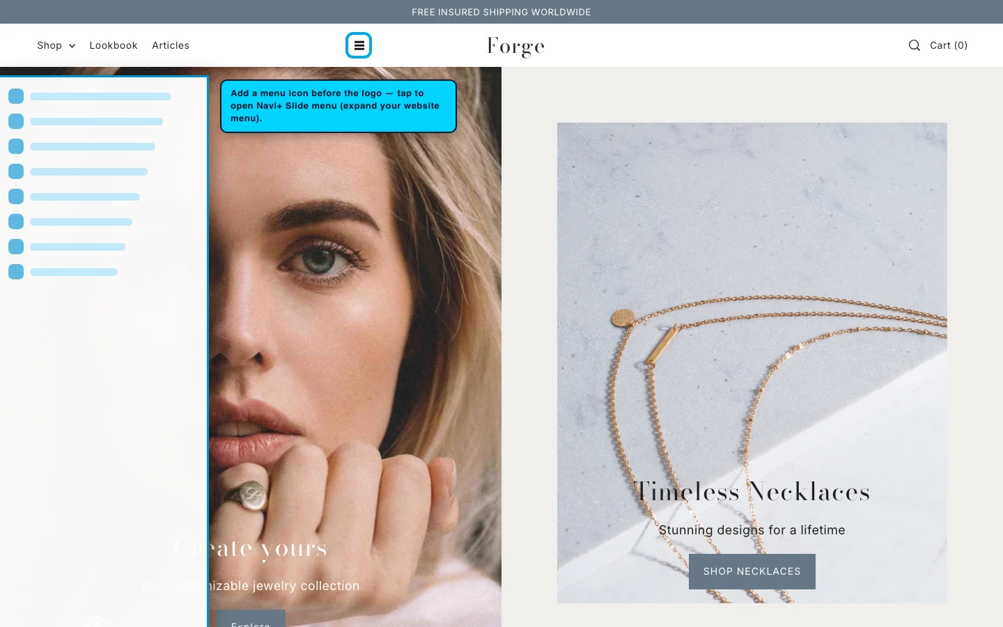 Navi+ trigger icon before the logo on the Forge Shopify theme Navi+ trigger icon before the logo on the Forge Shopify theme
