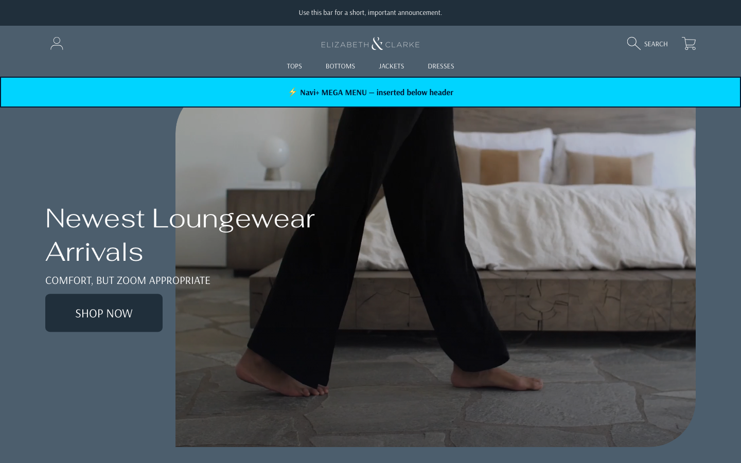 Menu inserted below header — Navi+ on the Frame Shopify theme Menu inserted below header — Navi+ on the Frame Shopify theme