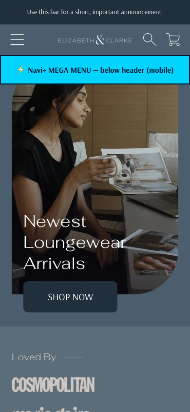 Menu inserted below header — Navi+ on the Frame Shopify theme Menu inserted below header — Navi+ on the Frame Shopify theme