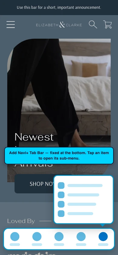 Navi+ Tab Bar on the Frame Shopify theme Navi+ Tab Bar on the Frame Shopify theme