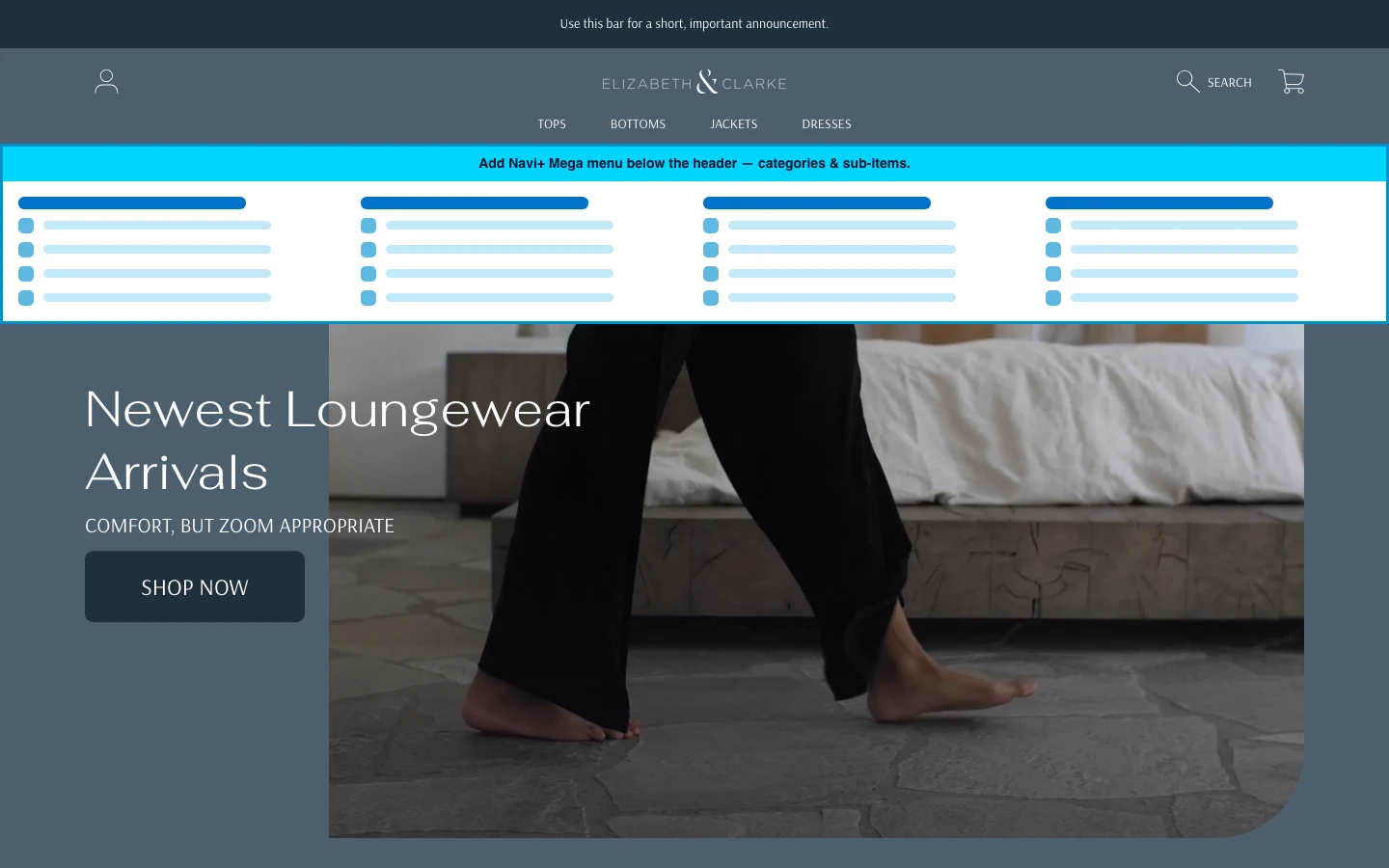 Navi+ Mega Menu inserted below the header on the Frame Shopify theme Navi+ Mega Menu inserted below the header on the Frame Shopify theme