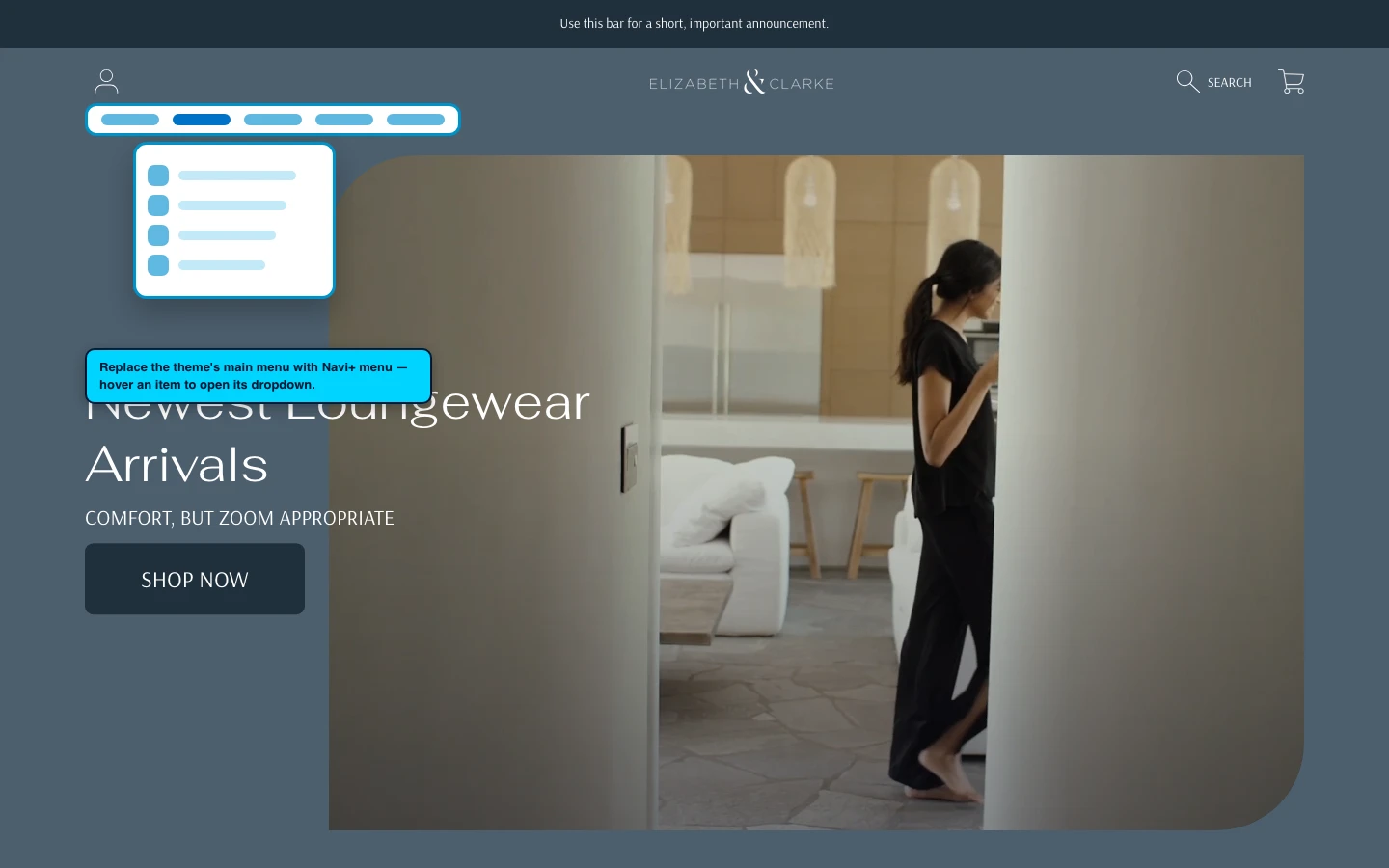 Navi+ Mega Menu replacing the desktop menu on the Frame Shopify theme Navi+ Mega Menu replacing the desktop menu on the Frame Shopify theme
