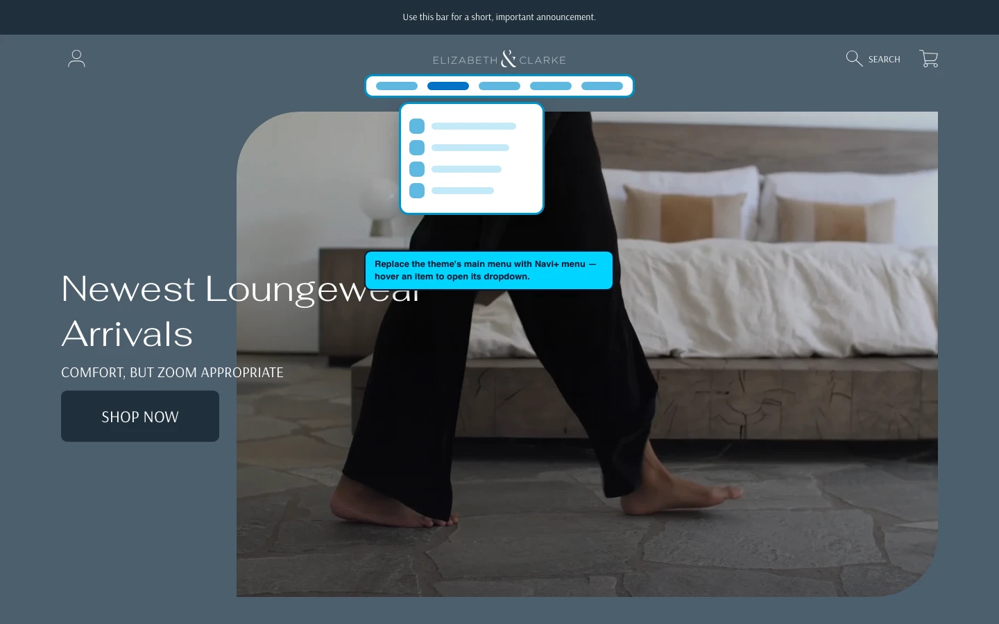 Navi+ Mega Menu replacing the desktop menu on the Frame Shopify theme Navi+ Mega Menu replacing the desktop menu on the Frame Shopify theme