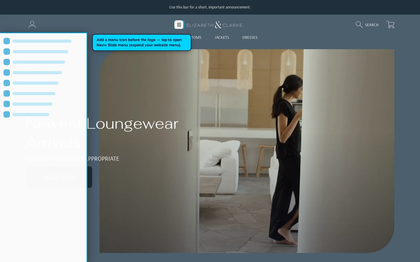 Navi+ trigger icon before the logo on the Frame Shopify theme Navi+ trigger icon before the logo on the Frame Shopify theme