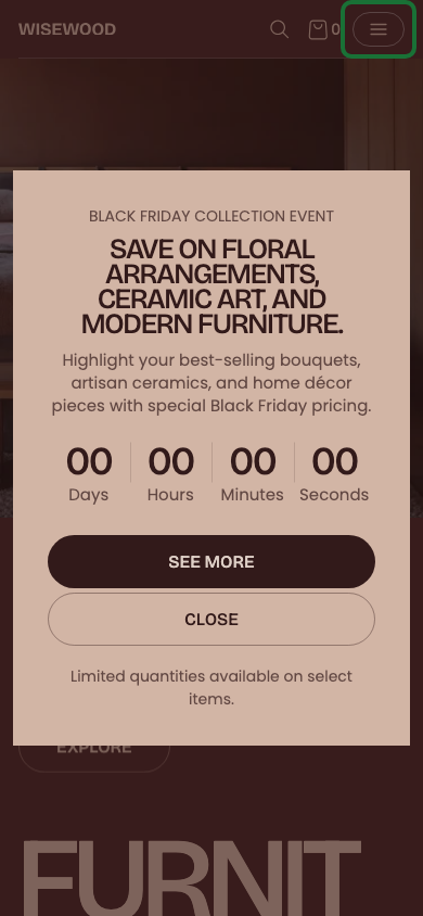 Hamburger → panel opened — Navi+ on the Fullframe Shopify theme Hamburger → panel opened — Navi+ on the Fullframe Shopify theme
