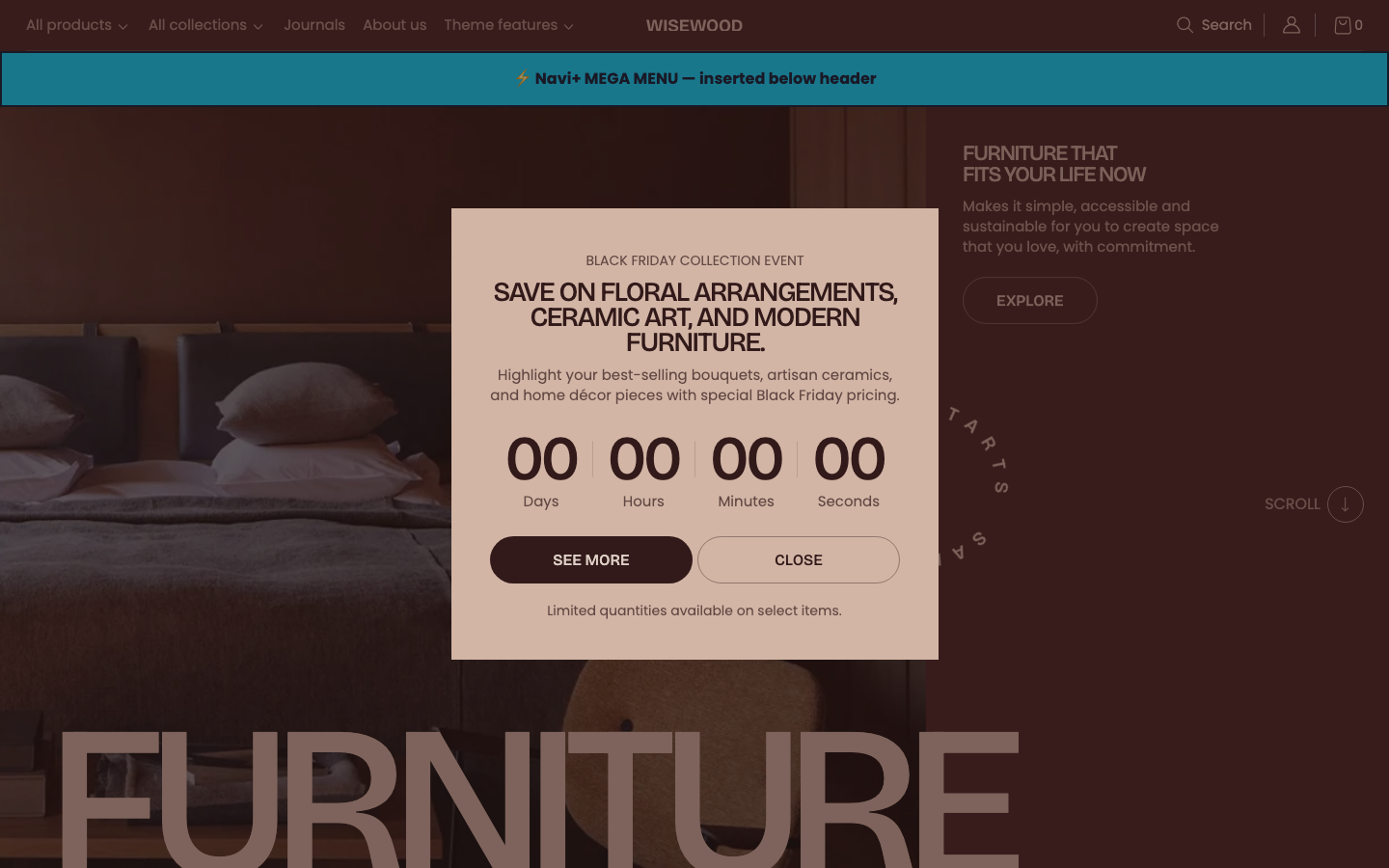 Menu inserted below header — Navi+ on the Fullframe Shopify theme Menu inserted below header — Navi+ on the Fullframe Shopify theme