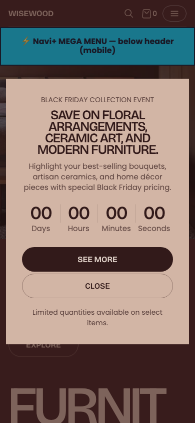 Menu inserted below header — Navi+ on the Fullframe Shopify theme Menu inserted below header — Navi+ on the Fullframe Shopify theme