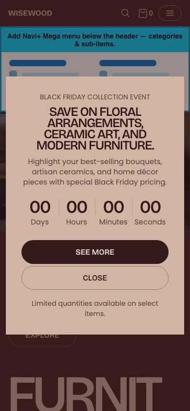 Navi+ mobile Mega Menu on the Fullframe Shopify theme Navi+ mobile Mega Menu on the Fullframe Shopify theme