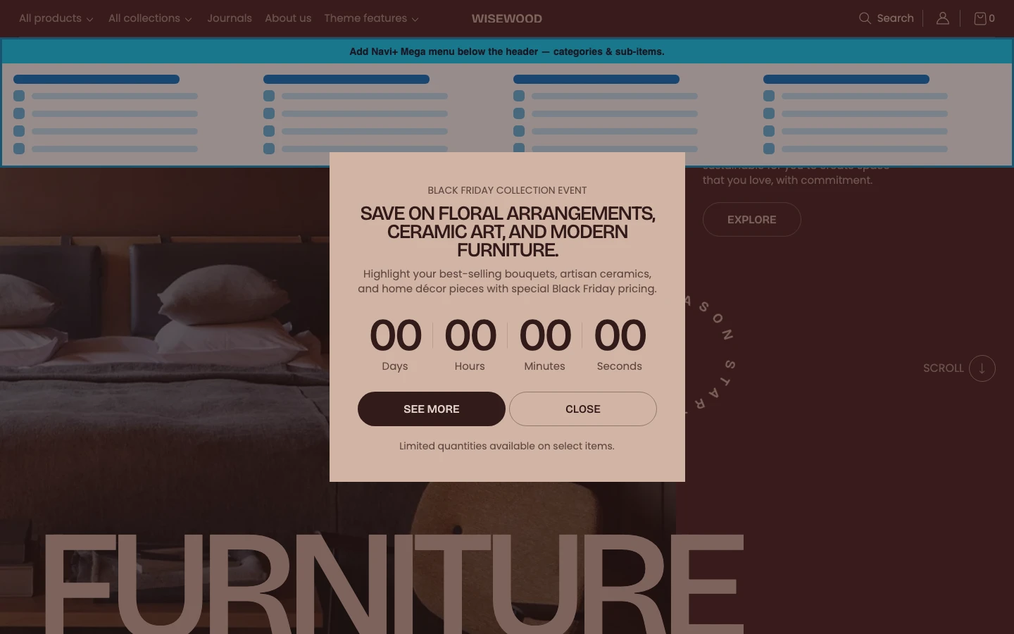 Navi+ Mega Menu inserted below the header on the Fullframe Shopify theme Navi+ Mega Menu inserted below the header on the Fullframe Shopify theme