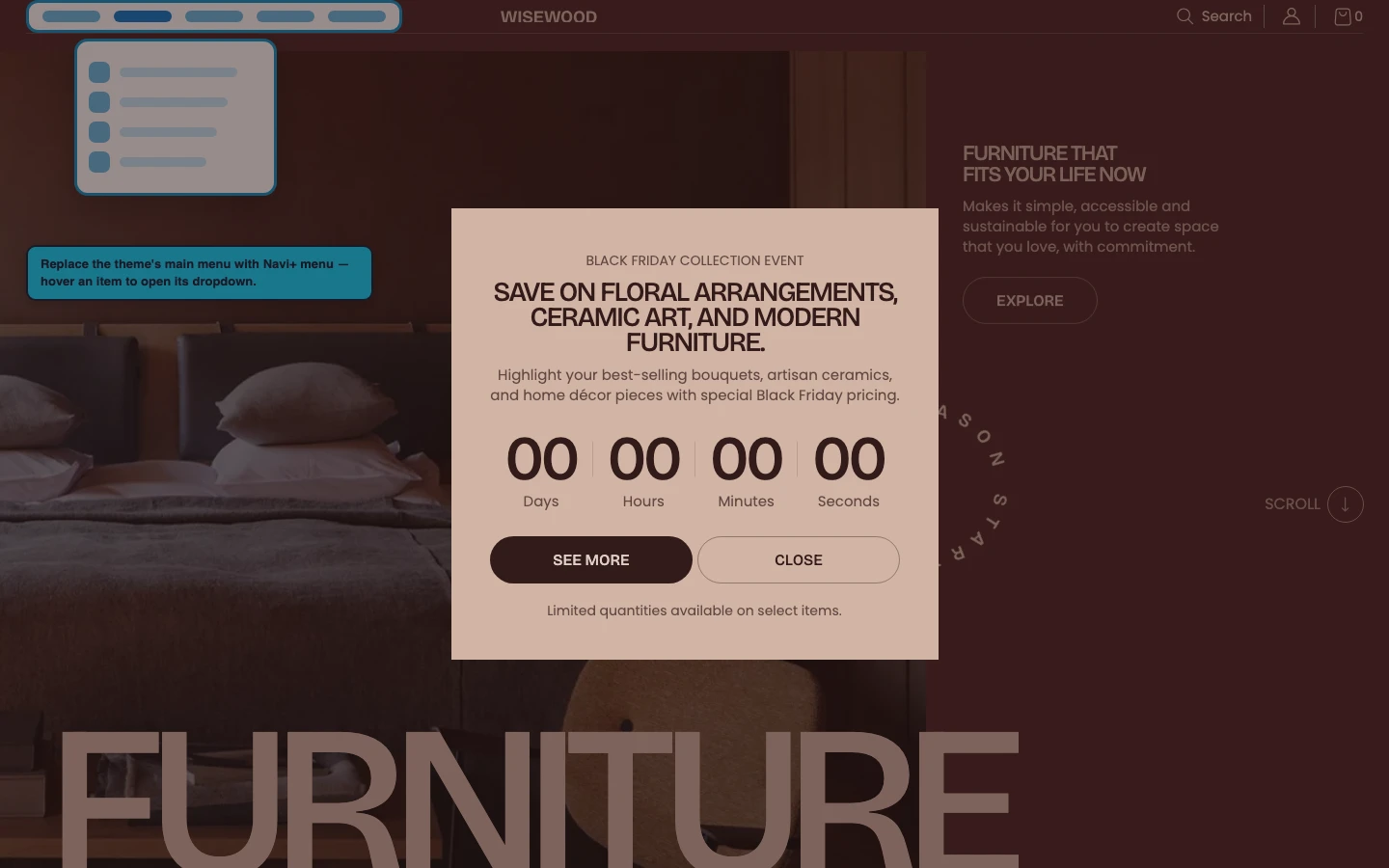 Navi+ Mega Menu replacing the desktop menu on the Fullframe Shopify theme Navi+ Mega Menu replacing the desktop menu on the Fullframe Shopify theme