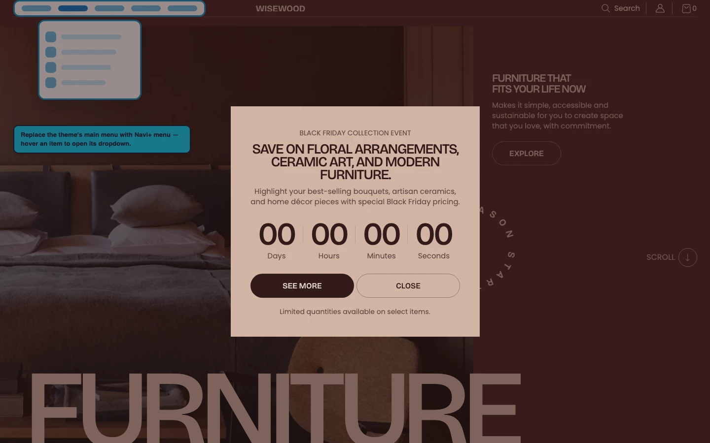 Navi+ Mega Menu replacing the desktop menu on the Fullframe Shopify theme Navi+ Mega Menu replacing the desktop menu on the Fullframe Shopify theme