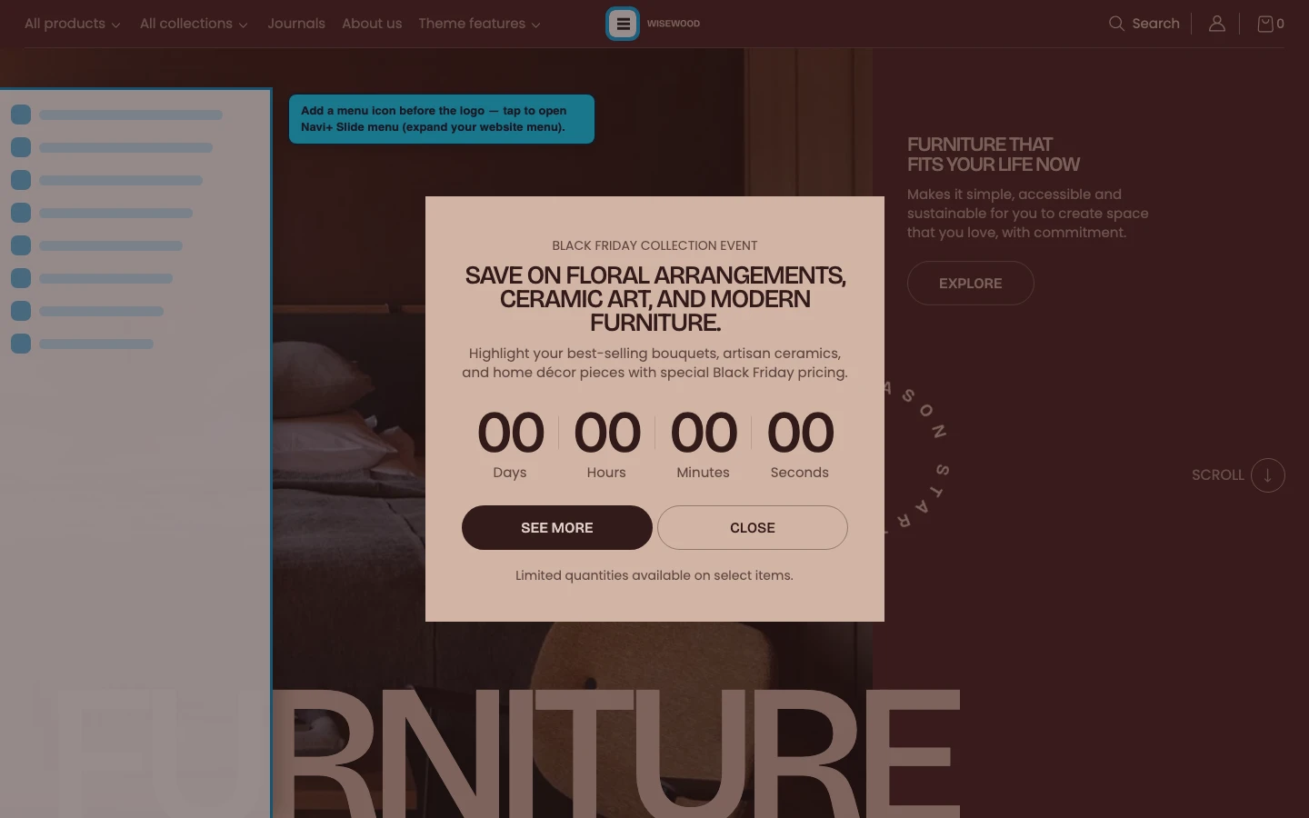 Navi+ trigger icon before the logo on the Fullframe Shopify theme Navi+ trigger icon before the logo on the Fullframe Shopify theme