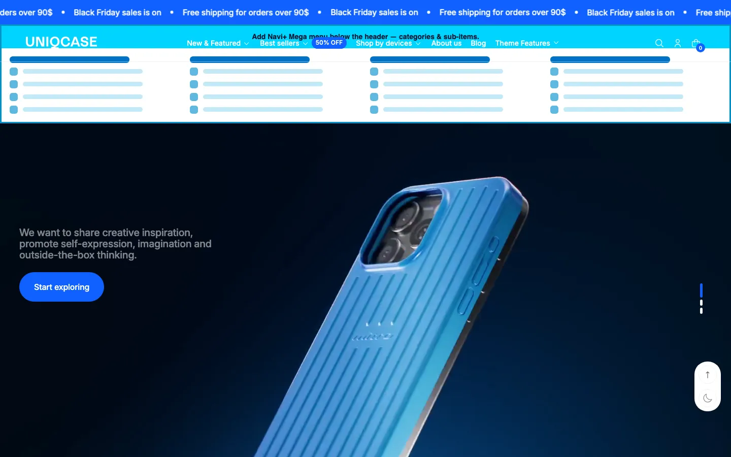 Navi+ Mega Menu inserted below the header on the Futurer Shopify theme Navi+ Mega Menu inserted below the header on the Futurer Shopify theme