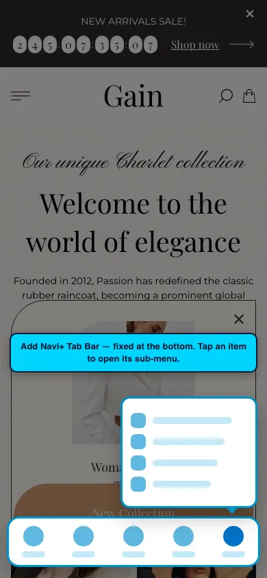 Navi+ Tab Bar on the Gain Shopify theme Navi+ Tab Bar on the Gain Shopify theme