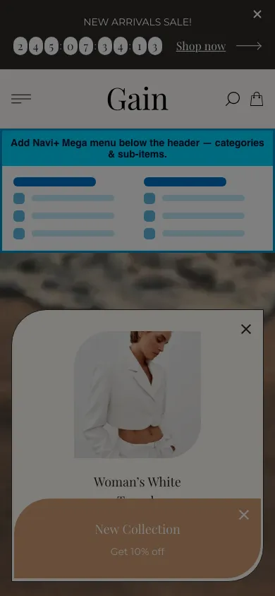 Navi+ mobile Mega Menu on the Gain Shopify theme Navi+ mobile Mega Menu on the Gain Shopify theme