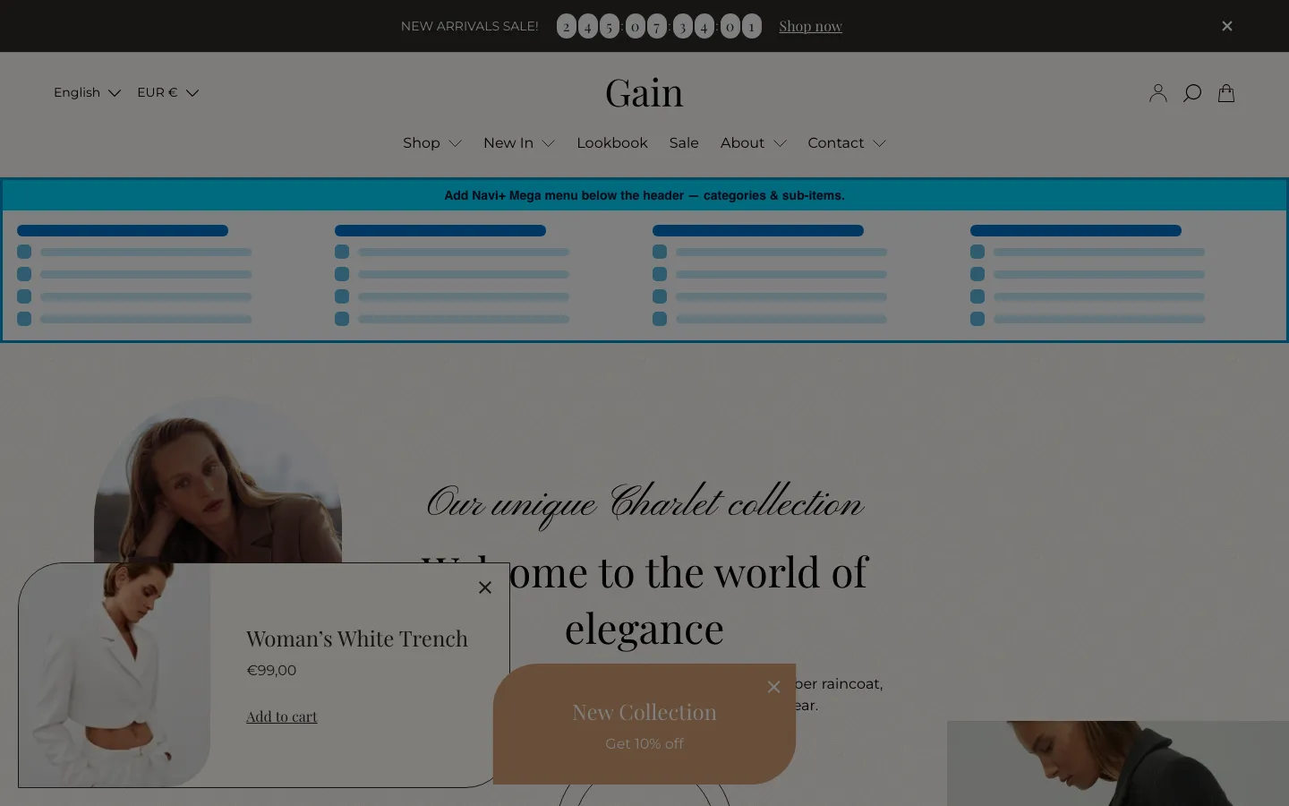 Navi+ Mega Menu inserted below the header on the Gain Shopify theme Navi+ Mega Menu inserted below the header on the Gain Shopify theme