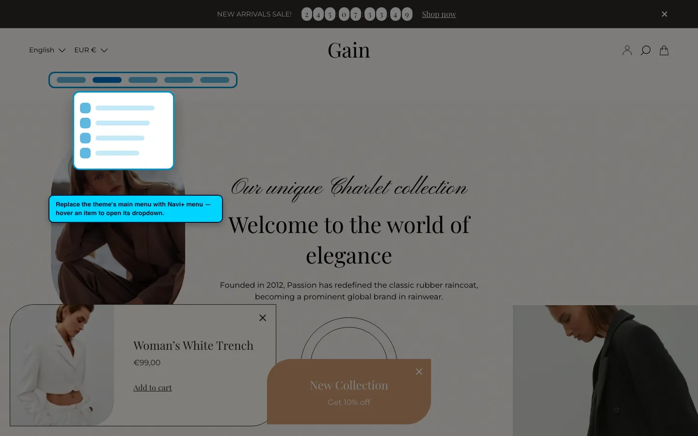 Navi+ Mega Menu replacing the desktop menu on the Gain Shopify theme Navi+ Mega Menu replacing the desktop menu on the Gain Shopify theme