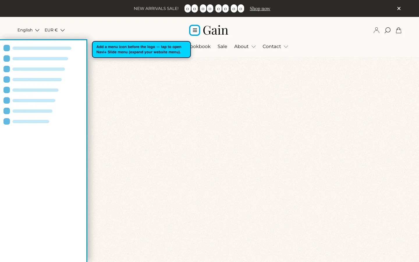 Navi+ trigger icon before the logo on the Gain Shopify theme Navi+ trigger icon before the logo on the Gain Shopify theme