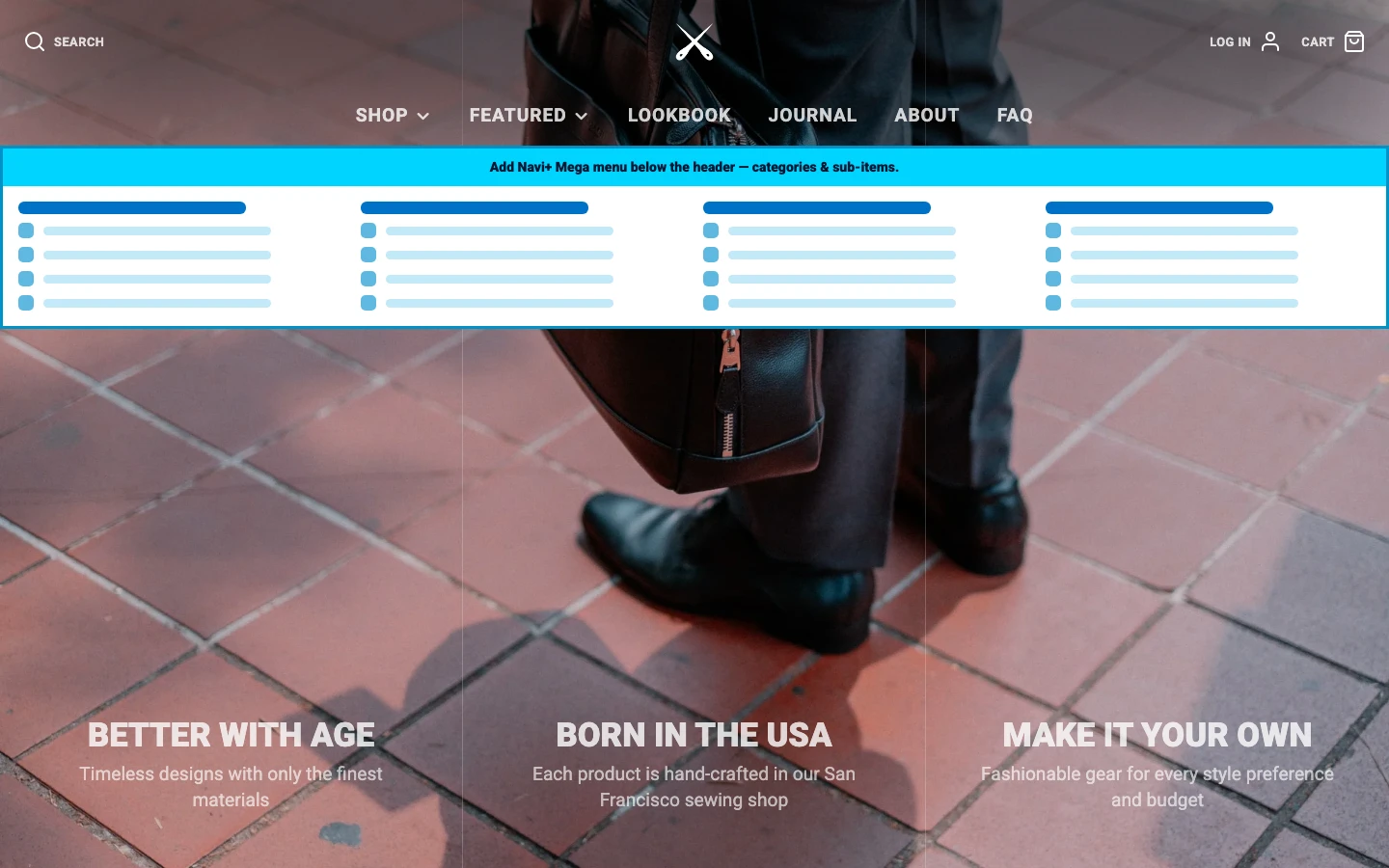 Navi+ Mega Menu inserted below the header on the Galleria Shopify theme Navi+ Mega Menu inserted below the header on the Galleria Shopify theme