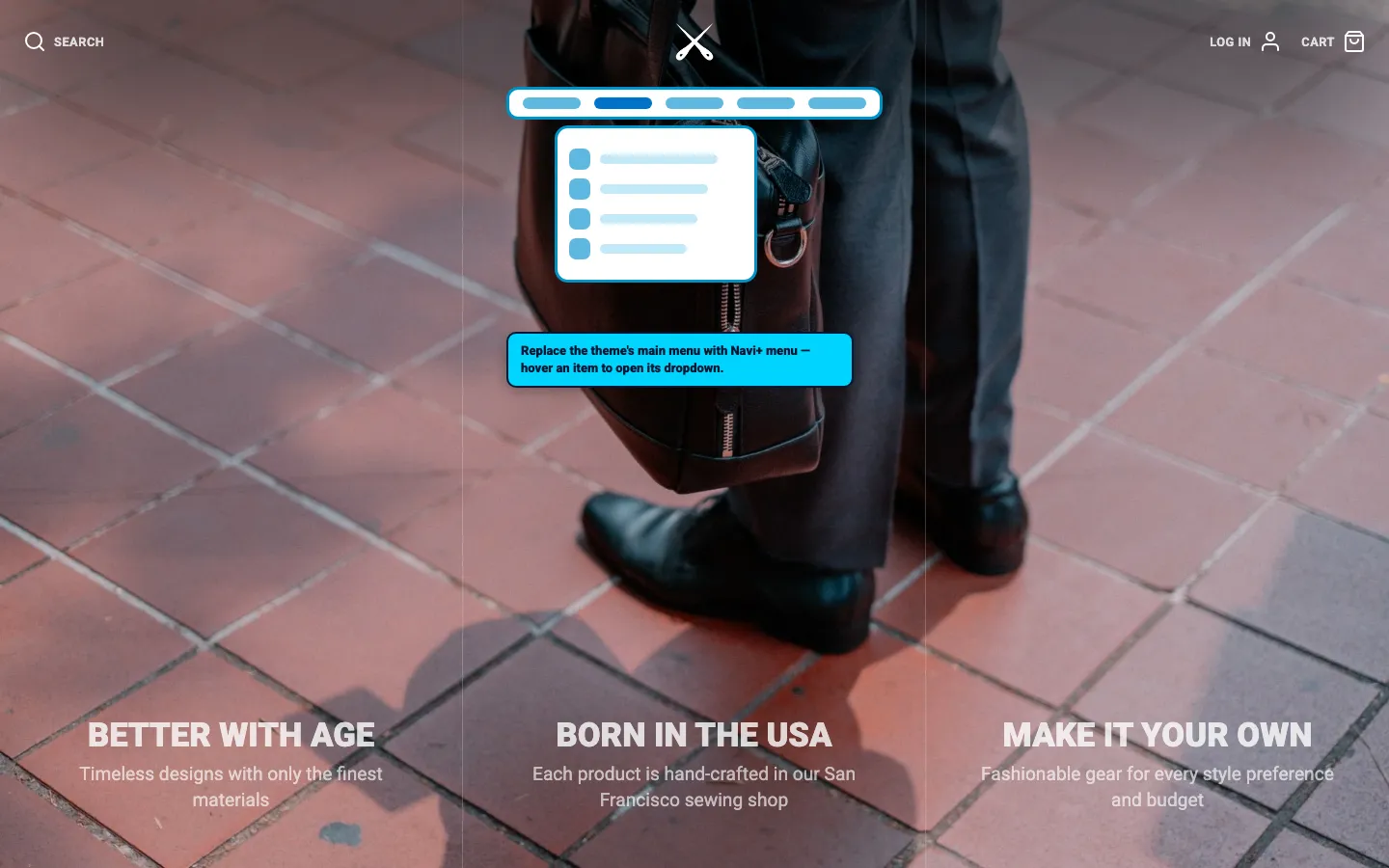 Navi+ Mega Menu replacing the desktop menu on the Galleria Shopify theme Navi+ Mega Menu replacing the desktop menu on the Galleria Shopify theme