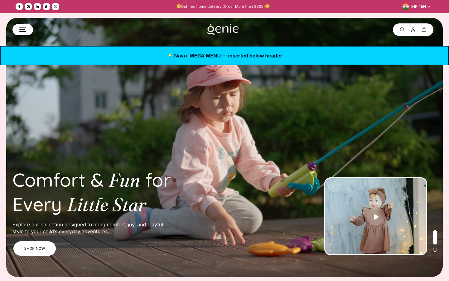 Menu inserted below header — Navi+ on the Genie Shopify theme Menu inserted below header — Navi+ on the Genie Shopify theme