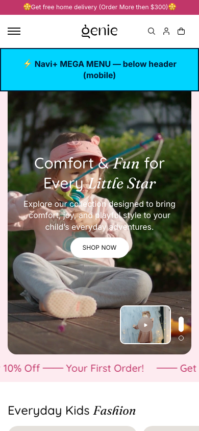 Menu inserted below header — Navi+ on the Genie Shopify theme Menu inserted below header — Navi+ on the Genie Shopify theme