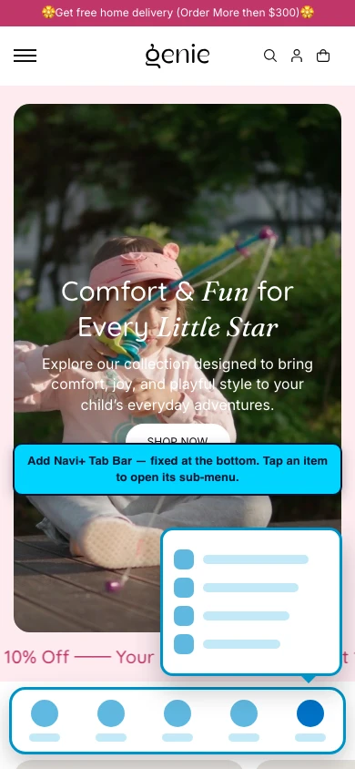 Navi+ Tab Bar on the Genie Shopify theme Navi+ Tab Bar on the Genie Shopify theme