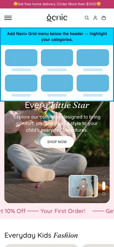 Navi+ Grid Menu on the Genie Shopify theme Navi+ Grid Menu on the Genie Shopify theme