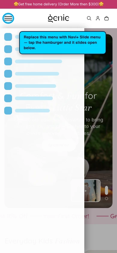 Navi+ Slide Menu on the Genie Shopify theme Navi+ Slide Menu on the Genie Shopify theme