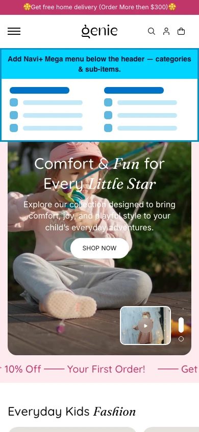 Navi+ mobile Mega Menu on the Genie Shopify theme Navi+ mobile Mega Menu on the Genie Shopify theme