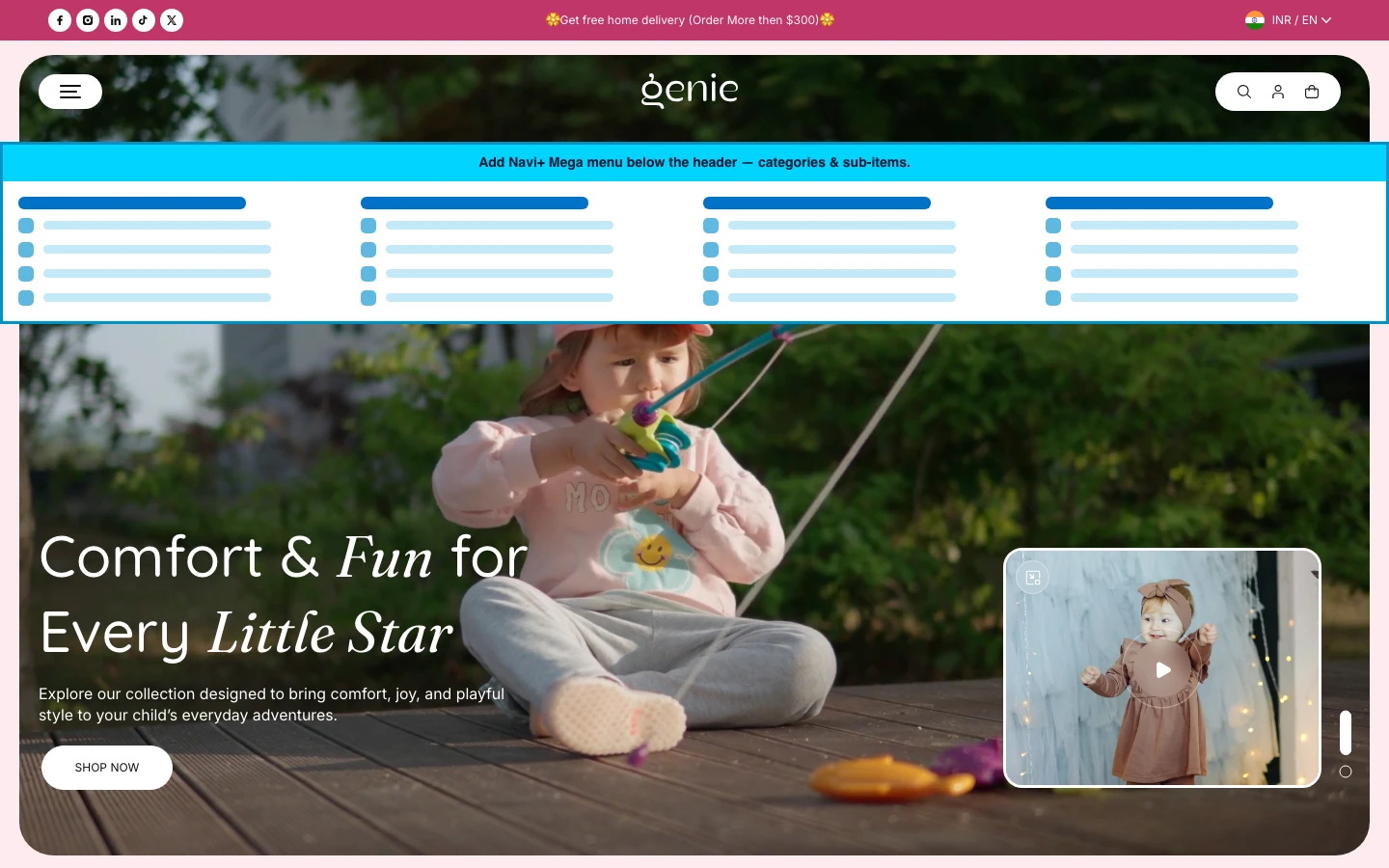 Navi+ Mega Menu inserted below the header on the Genie Shopify theme Navi+ Mega Menu inserted below the header on the Genie Shopify theme