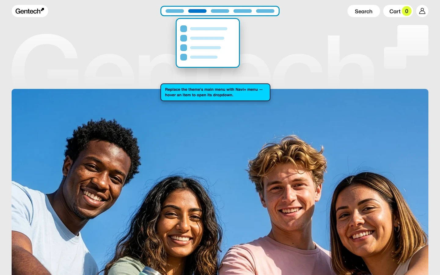 Navi+ Mega Menu replacing the desktop menu on the Gentech Shopify theme Navi+ Mega Menu replacing the desktop menu on the Gentech Shopify theme