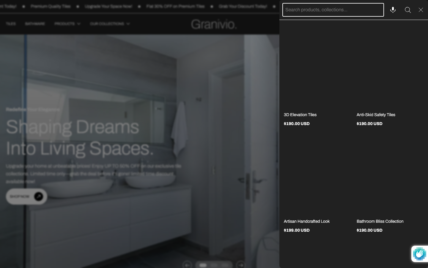 Search → panel opened — Navi+ on the Granivio Shopify theme Search → panel opened — Navi+ on the Granivio Shopify theme