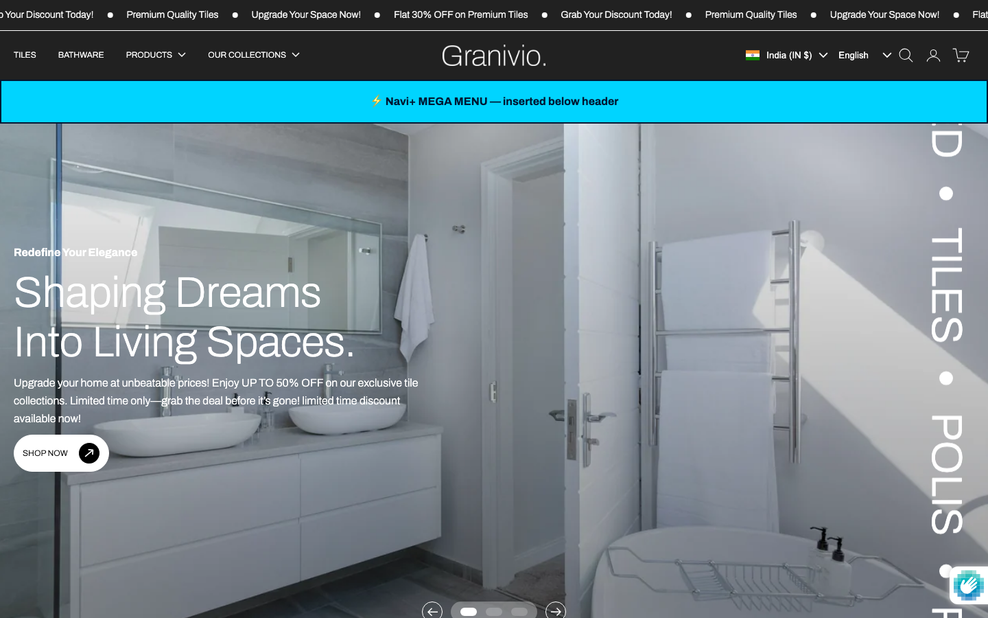 Menu inserted below header — Navi+ on the Granivio Shopify theme Menu inserted below header — Navi+ on the Granivio Shopify theme