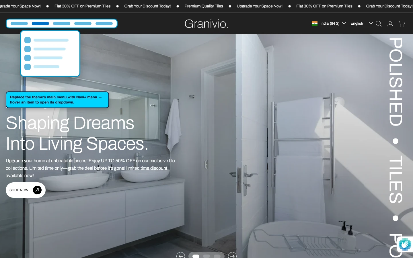 Navi+ Mega Menu replacing the desktop menu on the Granivio Shopify theme Navi+ Mega Menu replacing the desktop menu on the Granivio Shopify theme