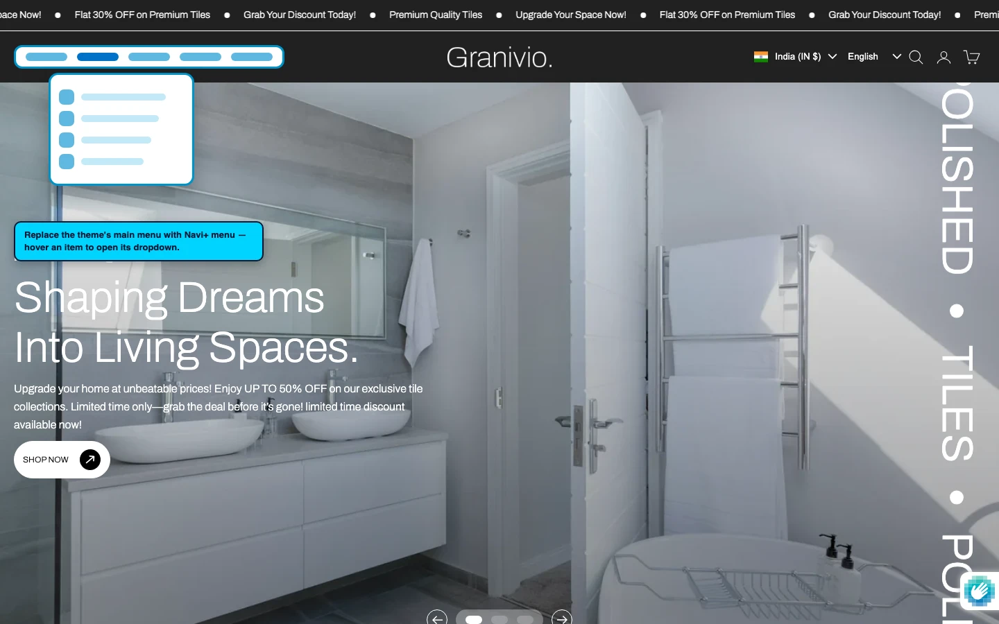 Navi+ Mega Menu replacing the desktop menu on the Granivio Shopify theme Navi+ Mega Menu replacing the desktop menu on the Granivio Shopify theme