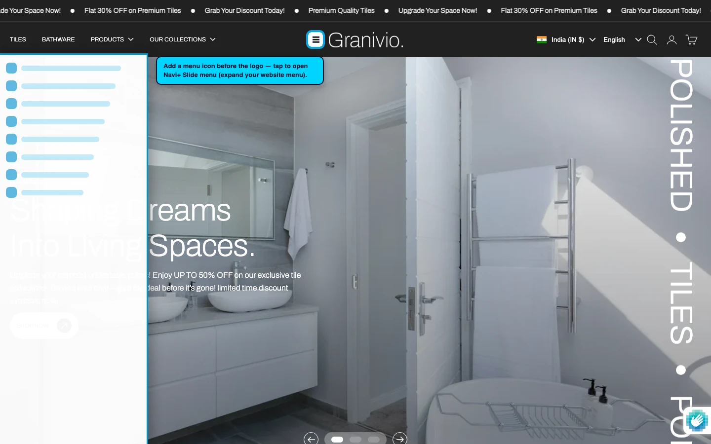 Navi+ trigger icon before the logo on the Granivio Shopify theme Navi+ trigger icon before the logo on the Granivio Shopify theme