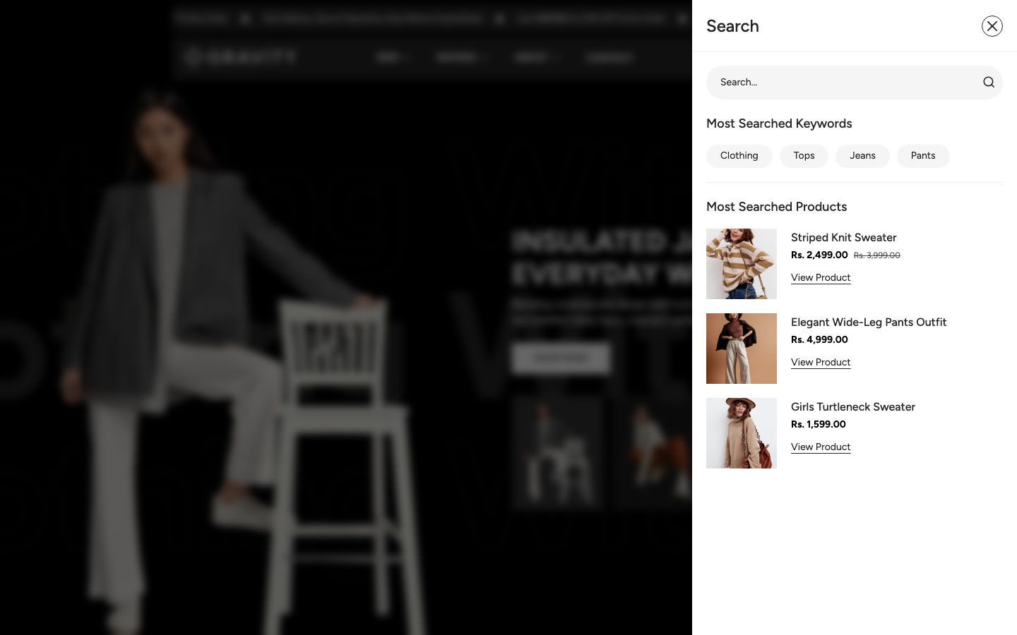 Search → panel opened — Navi+ on the Gravity Shopify theme Search → panel opened — Navi+ on the Gravity Shopify theme