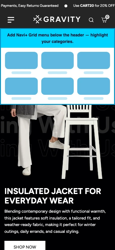 Navi+ Grid Menu on the Gravity Shopify theme Navi+ Grid Menu on the Gravity Shopify theme