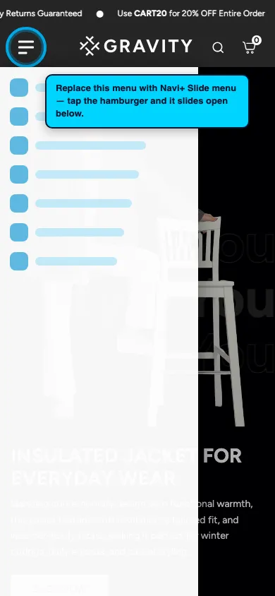 Navi+ Slide Menu on the Gravity Shopify theme